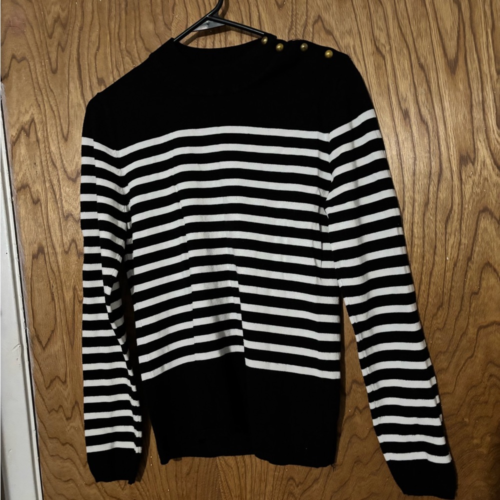 Cielo Black and White Striped Sweater with Gold Buttons